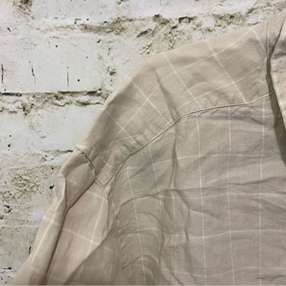 Tommy Hilfiger Beige White Plaid Pure Linen Short Sleeve Button Up - Picture 2 of 4